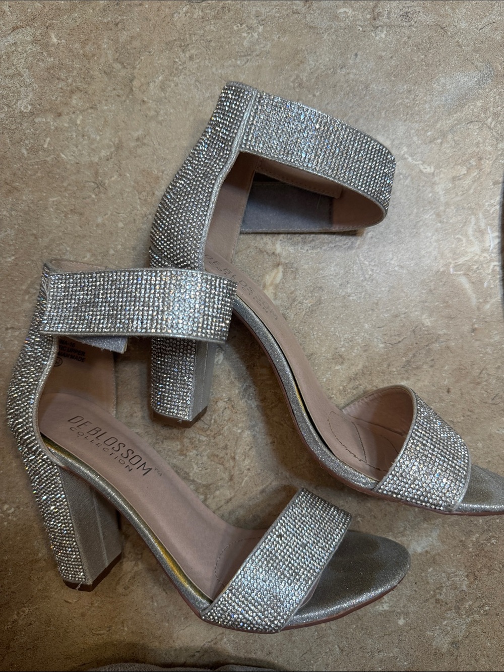 De Blossom Collection Silver Crystal Strap Block Heels